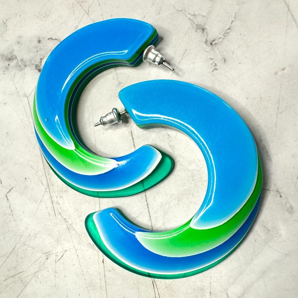 Vintage Lea Stein Earrings Layered Lucite Blue Green Hoops Mod Pop Paris 2"